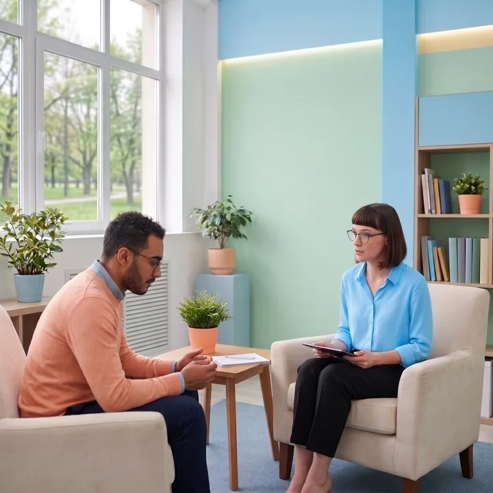 Sessão de psicoterapia individual num consultório claro